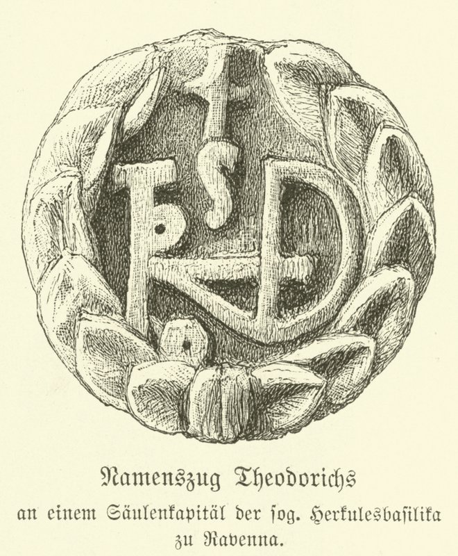 Monogram af Theoderik den Store, østgoternes konge (gravering) af German School