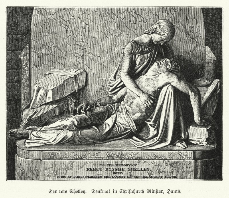 Monument til den engelske digter Percy Bysshe Shelley, Christchurch Priory, Dorset (litho) af German School