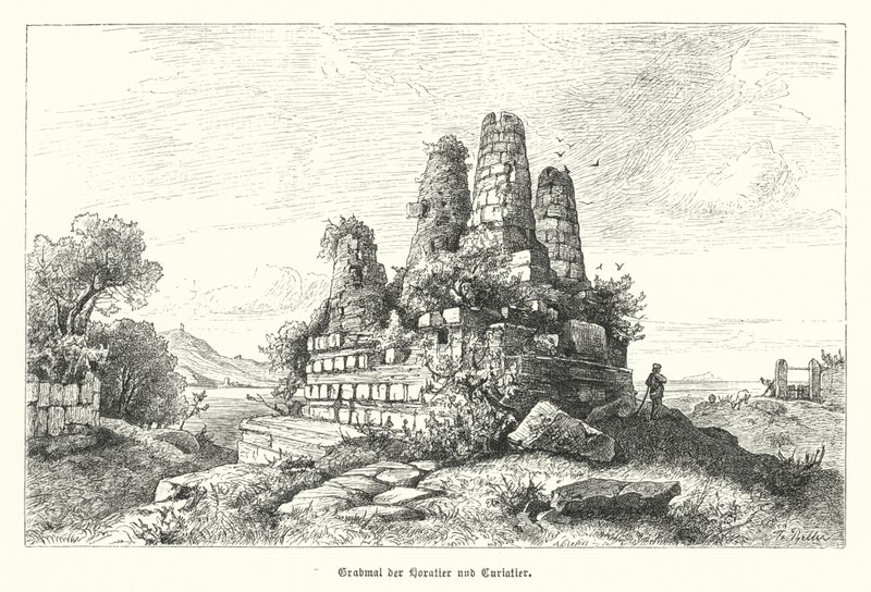 Monument til Horatii og Curiatii, krigere af antikke romerske legender (gravering) af German School