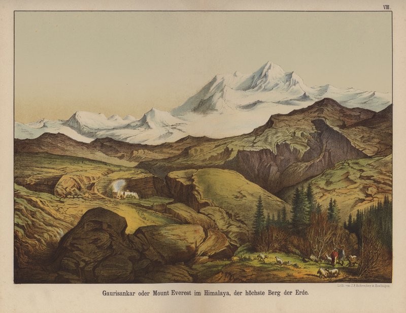 Mount Everest, det højeste bjerg på jorden (farve litho) af German School