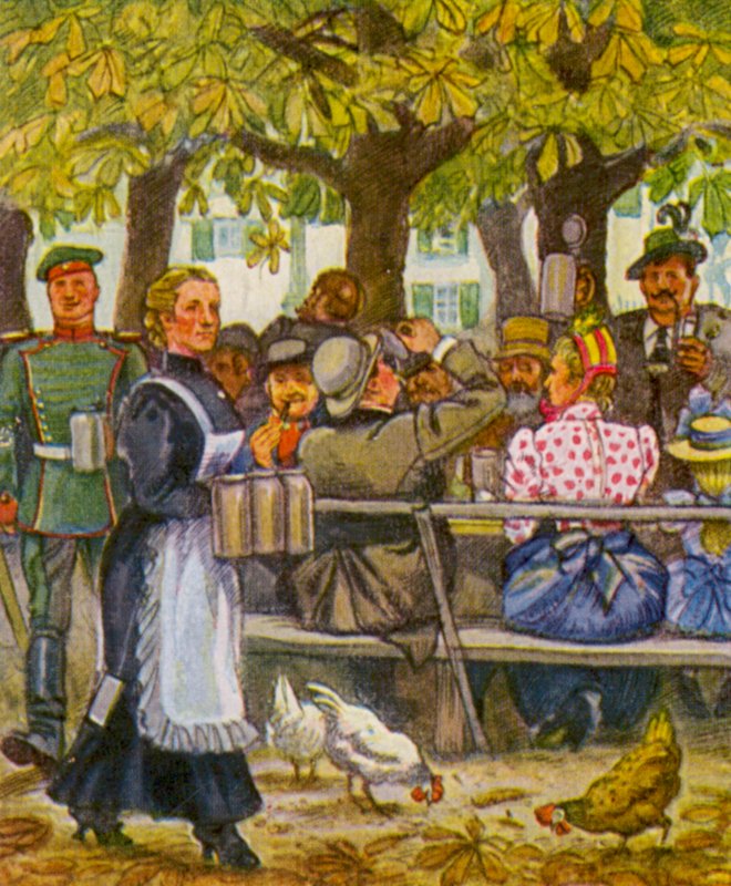 Munchener Sommerkeller / Münchens sommerkælder (farvelitografi) af German School