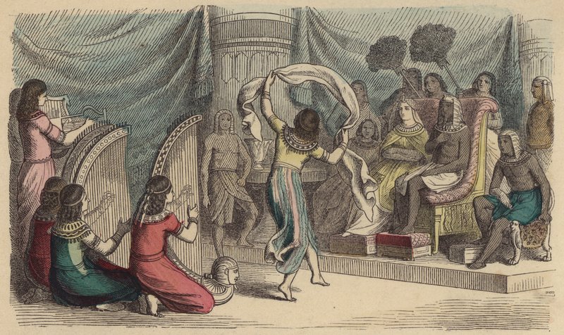Musikere og dansere, der optræder foran faraoen i det gamle Egypten (farvegravering) af German School