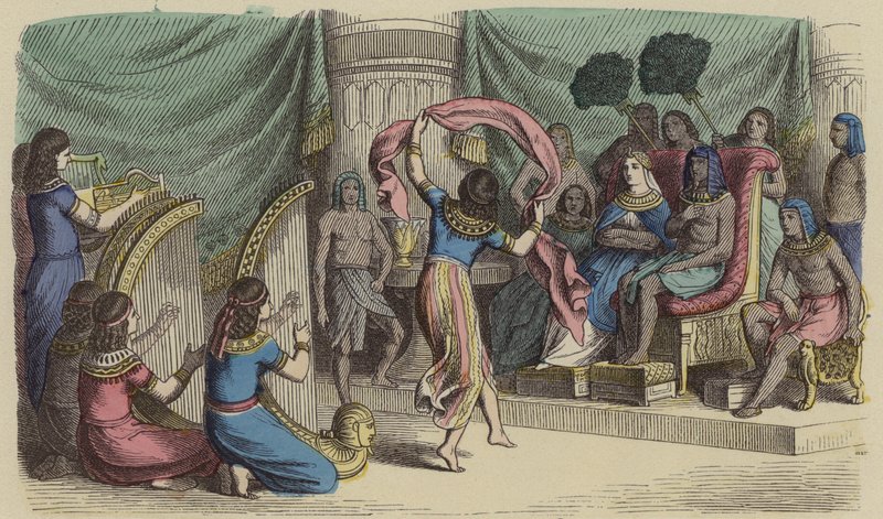 Musikere og dansere, der optræder foran faraoen i det gamle Egypten (farvegravering) af German School