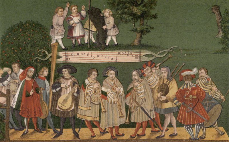 Musikere fra Augsburg, Tyskland, der spiller for dansere fra Geschlechtertanz, 1520 af German School