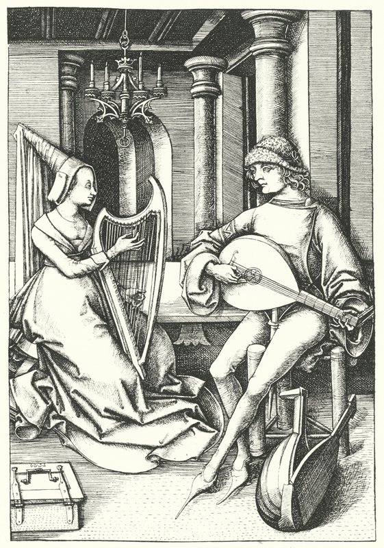 Musikere, der spiller på lut og harpe i et landsted i det 15. århundrede (gravering) af German School