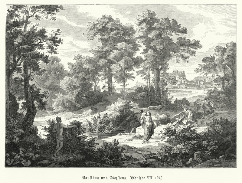Nausicaa og Odysseus, scene fra Homers Odysseen (gravering) af German School