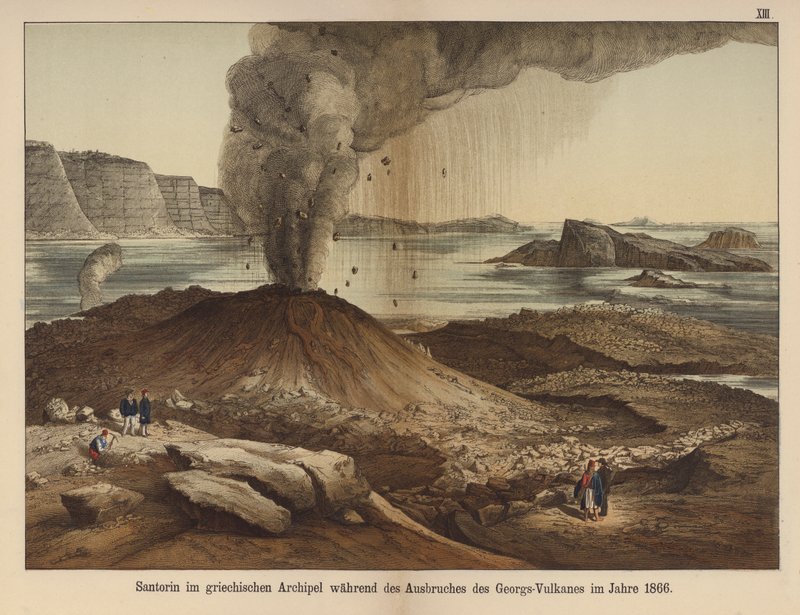 Nea Kameni, vulkansk ø i calderaen på den græske ø Santorini efter udbruddet i 1866 (farvefoto) af German School
