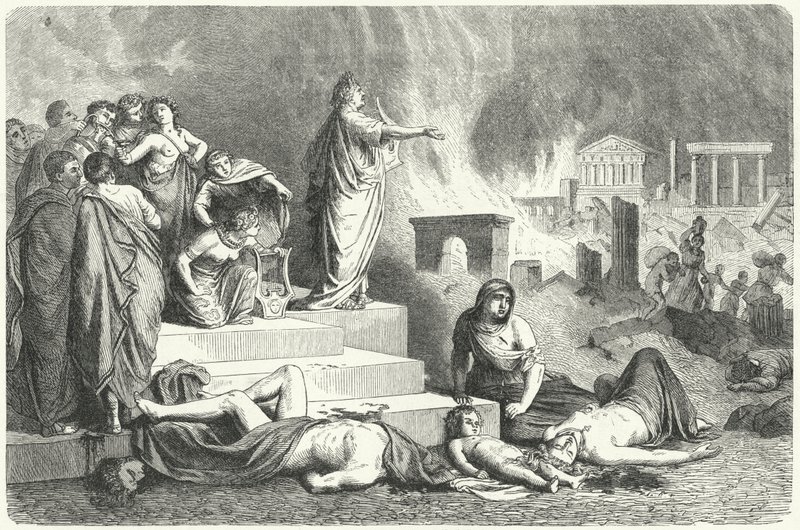 Nero under den store brand i Rom, 64 (gravering) af German School