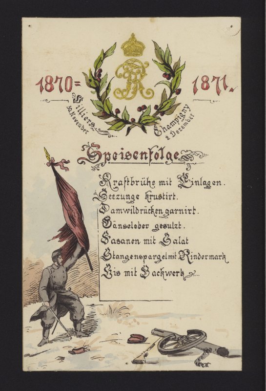 Nytårsbanketter afholdt af de besatte tyskere i Villiers og Champigny, Paris, 30. december 1870 og 2. januar 1871 (farve litho) af German School