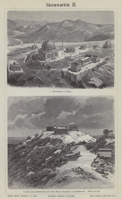 Nice Observatory, Frankrig, og Lick Observatory, Mount Hamilton, Californien, USA (gravering) af German School