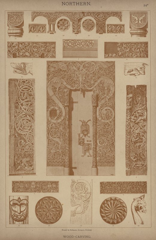Northern, træskærerarbejde (farve litho) af German School