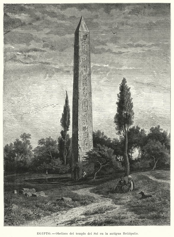 Obelisk af det gamle egyptiske soltempel ved Heliopolis (litho) af German School