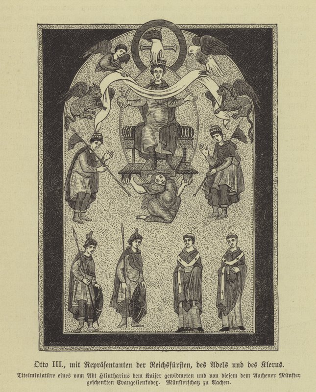 Otto III, Holy Roman Emperor, med repræsentanter for fyrsterne, adelen og præsten (gravering) af German School