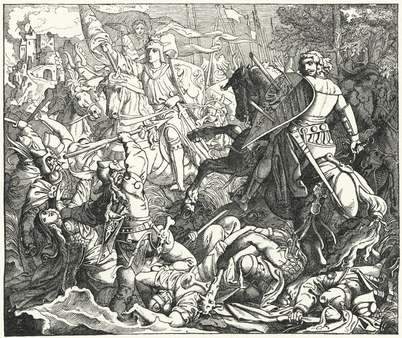 Otto I af Tyskland besejrede magyarerne i slaget ved Lechfeld, 955 (gravering) af German School