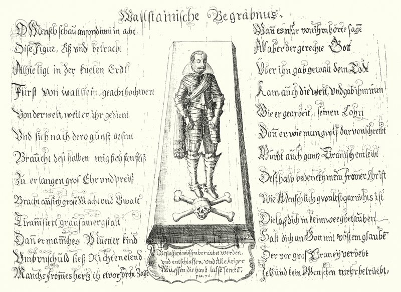 Pjece udstedt til minde om den myrdede bøhmiske militærleder Albrecht von Wallenstein (gravering) af German School