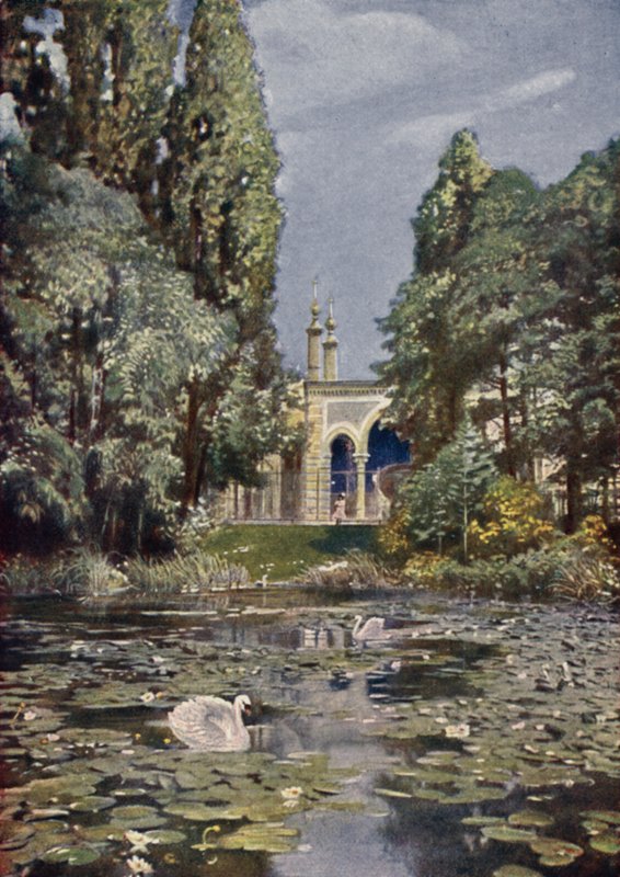En del af Vierwaldstattersee og antilopehuset, Berlin Zoological Garden, Tyskland (farve litho) af German School