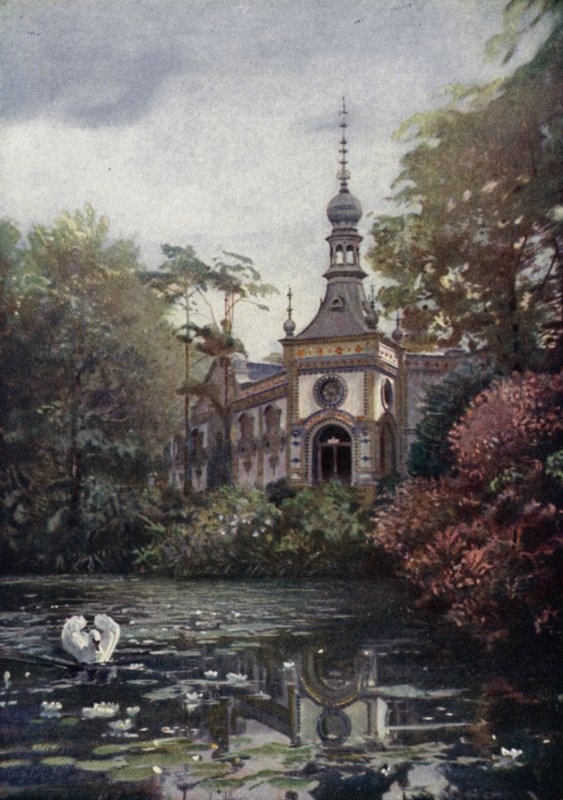 En del af Vierwaldstattersee og det nye abehus, Berlin Zoological Garden, Tyskland (farve litho) af German School