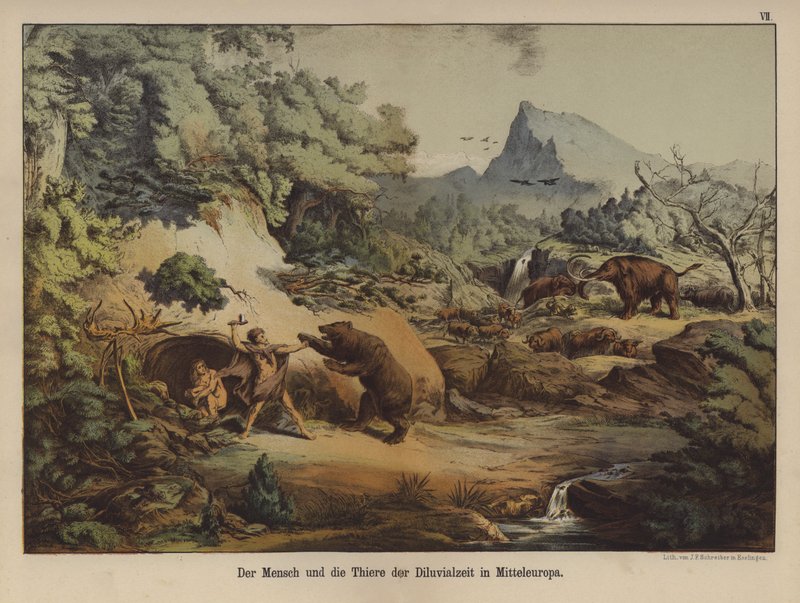 Mennesker og dyr i det forhistoriske Europa (farve litho) af German School