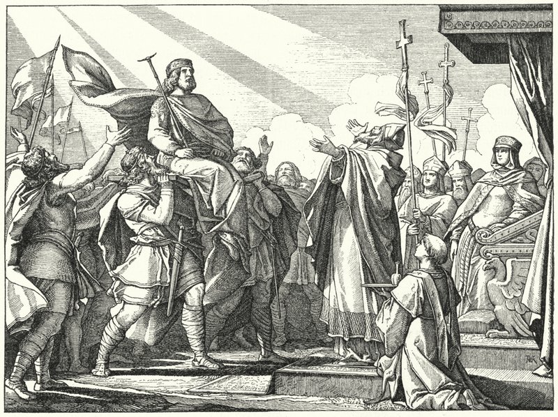 Pepin den korte udråbt til frankernes konge, 751 (gravering) af German School