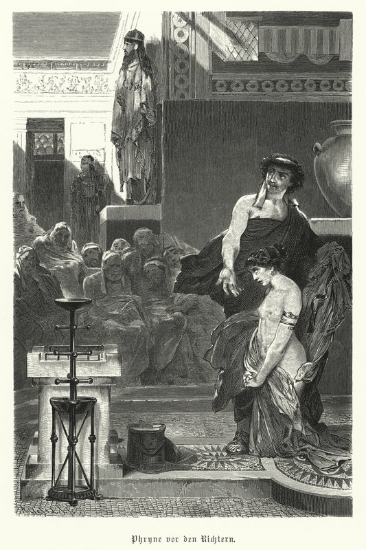 Phryne, oldgræsk kurtisane, tiltalt for ugudelighed, 4. århundrede f.Kr. (gravering) af German School