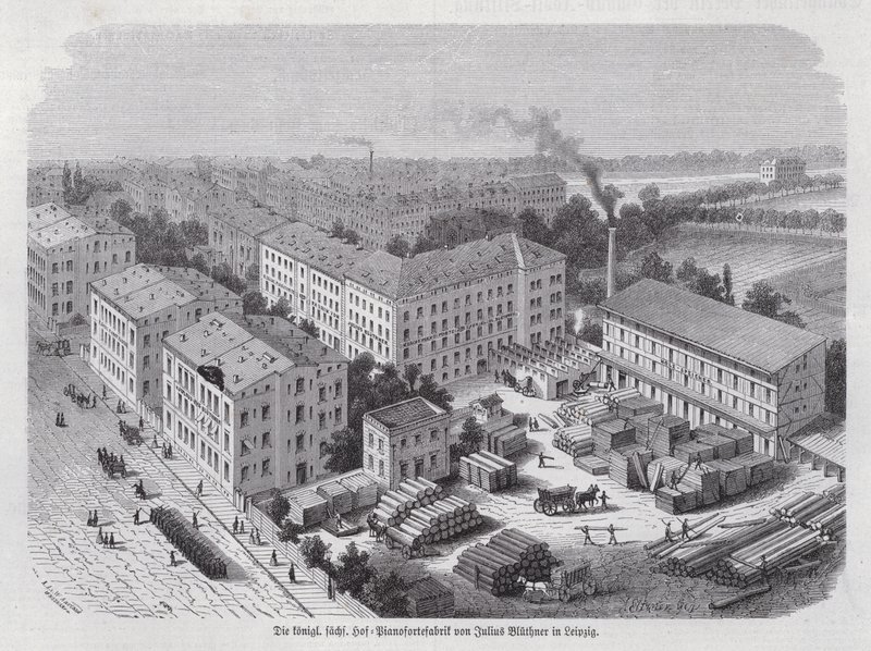 Julius Bluethners klaverfabrik, Leipzig, Tyskland (gravering) af German School
