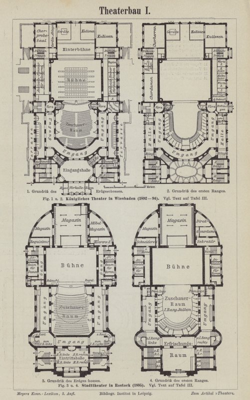 Tegninger af det kongelige teater, Wiesbaden og det kommunale teater, Rostock, Tyskland (gravering) af German School