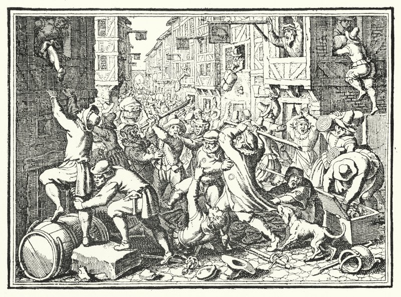 Plyndring af Judengasse, den jødiske ghetto i Frankfurt, i Fettmilch-oprøret, 1614 af German School