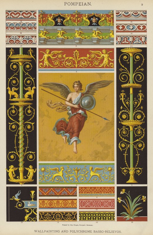 Pompeiansk, vægmaleri og polykrom Basso-Relievo (farve litho) af German School