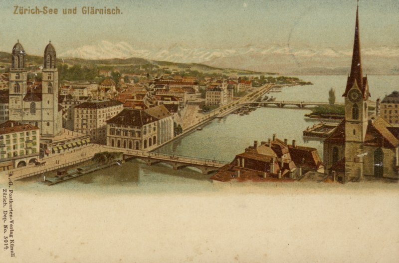 Postkort, der viser en generel udsigt over byen Zürich af German School