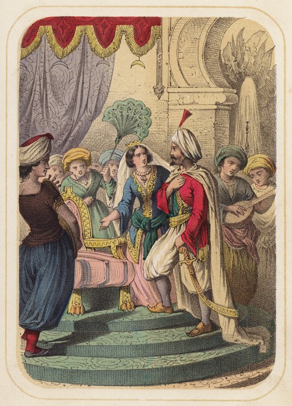 Prins Agib i en scene fra Tusind og én nat (farve litho) af German School