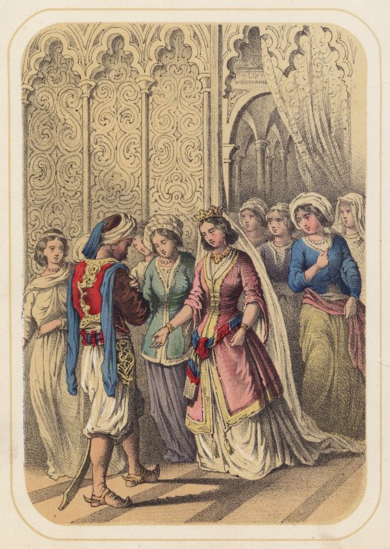 Prins Ahmed og prinsesse Paribanou i en scene fra Tusind og én nat (farve litho) af German School