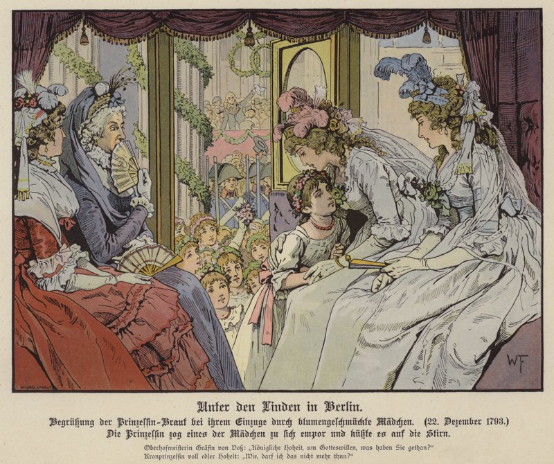 Prinsesse Louise af Mecklenburg-Strelitz kysser en af pigerne ved Unter Den Linden for at hilse på hendes ankomst til Berlin for hendes ægteskab med kronprins Frederik III af Preussen, 22. december 1793 (farve litho) af German School