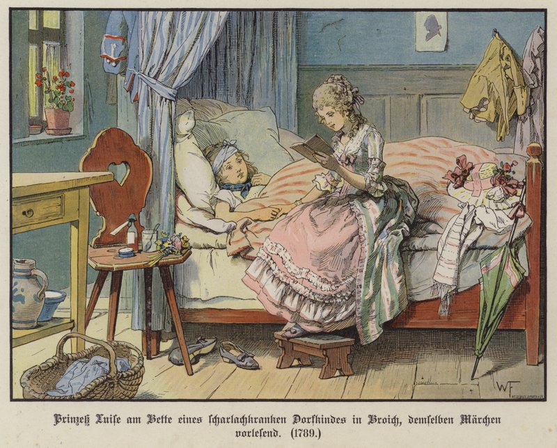 Prinsesse Louise af Mecklenburg-Strelitz læser ved sengen til en syg landsbypige i Broich af German School