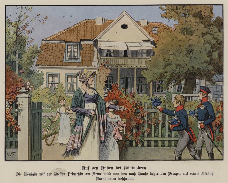 Dronning Louise af Preussen og hendes børn i Konigsberg, Østpreussen (farve litho) af German School