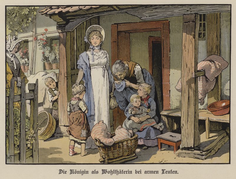 Dronning Louise af Preussen, velgørerinde for de fattige (farve litho) af German School