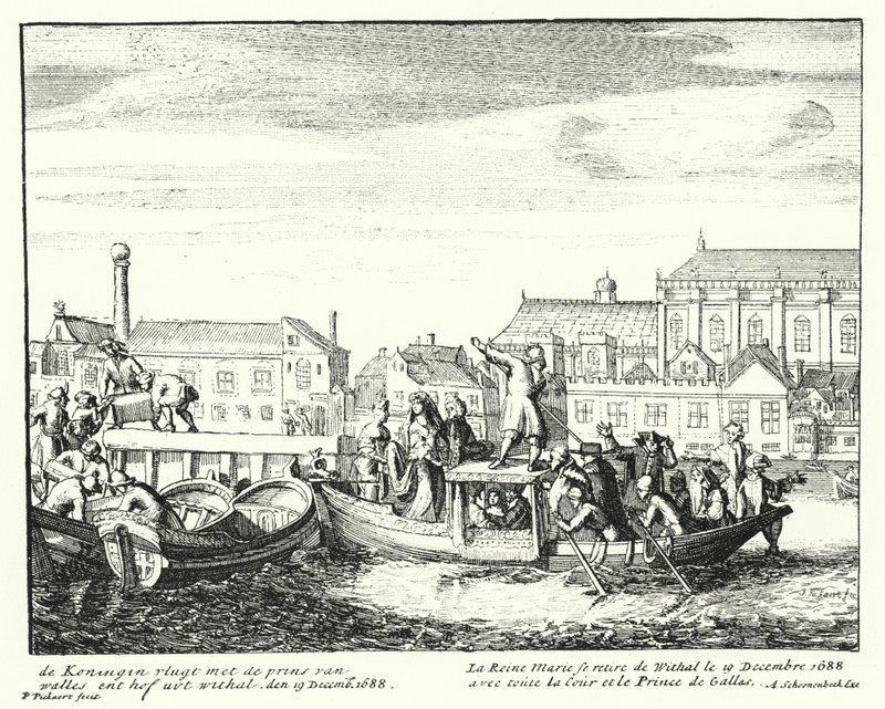 Dronning Mary, konsort af kong James II, flygtede fra England med prinsen af Wales og hele hendes hof, december 1688 (gravering) af German School