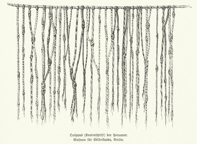 Quipu, midler til at registrere information ved hjælp af knyttede strenge, der bruges af folk i Andesbjergene i Sydamerika (litho) af German School