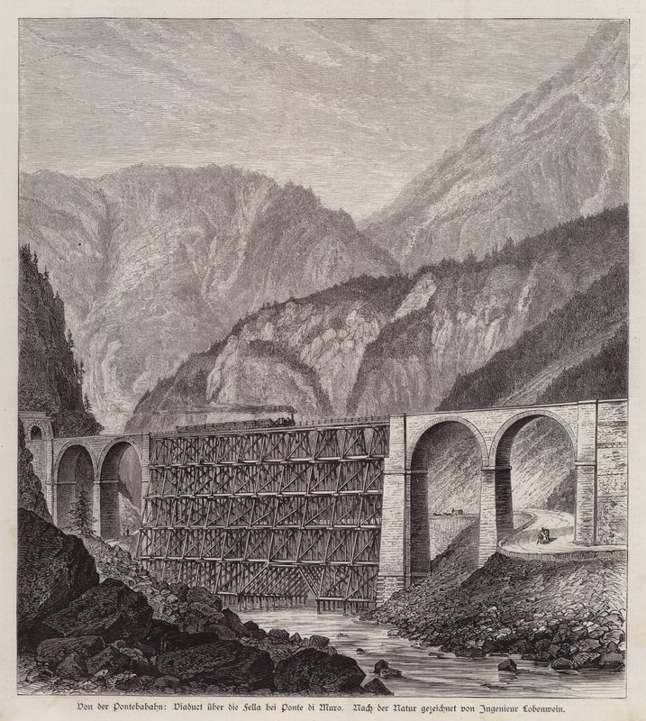 Jernbaneviadukt over floden Fella ved Ponte di Muro, Friuli, Italien (gravering) af German School