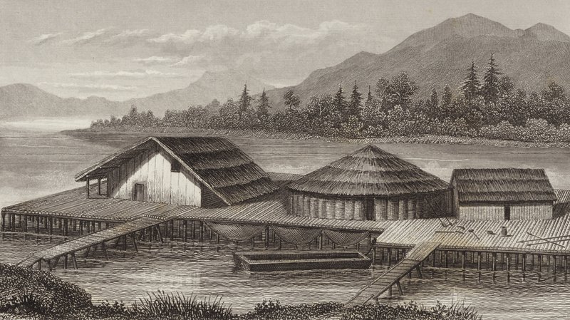 Genopbygning af en gammel sølandsby. Illustration til Bilder-Atlas (gravering) af German School