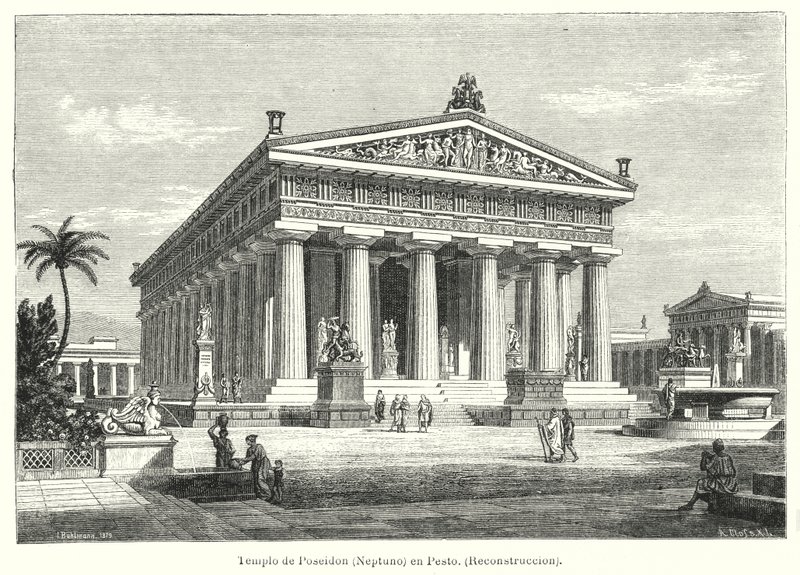Rekonstruktion af det antikke græske tempel Poseidon, Paestum, Italien (litho) af German School