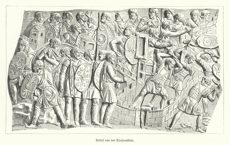 Relief fra Trajans søjle, Rom, skildrer romerne, der besejrer dacierne (gravering) af German School