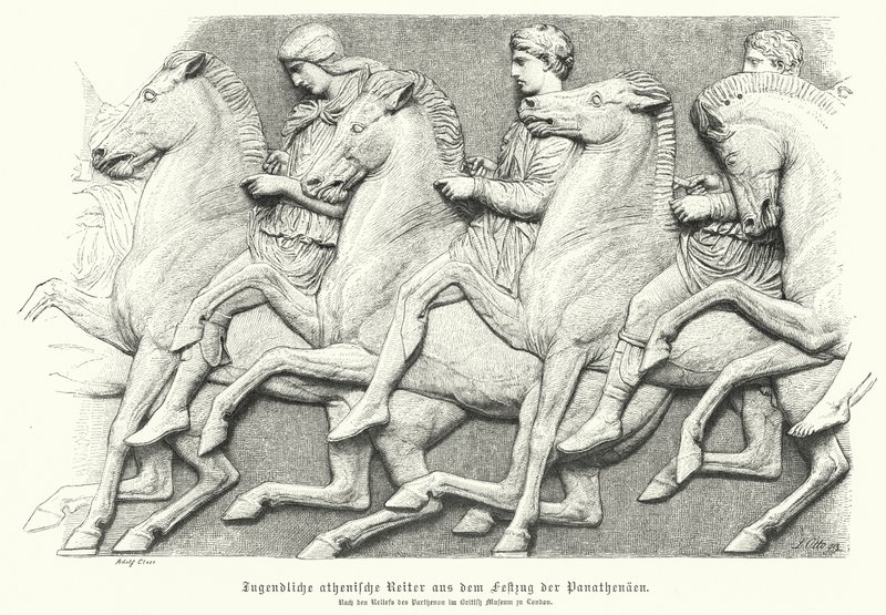 Relief fra Parthenon-frisen, der forestiller athenske unge, der rider på heste (gravering) af German School