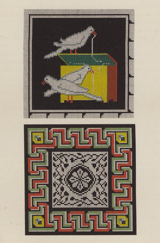 Gengivelse af en gulvmosaik fra Pompeji som et stykke broderi (chromolitho) af German School