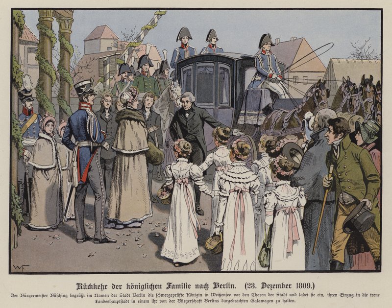 Den preussiske kongefamilies tilbagevenden til Berlin, 23. december 1809 (farve litho) af German School
