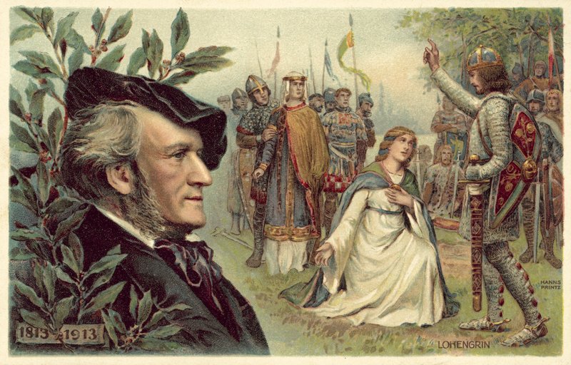 Richard Wagner og en scene fra hans opera Lohengrin af German School