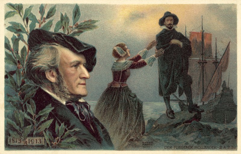 Richard Wagner og en scene fra hans opera Den flyvende hollænder af German School