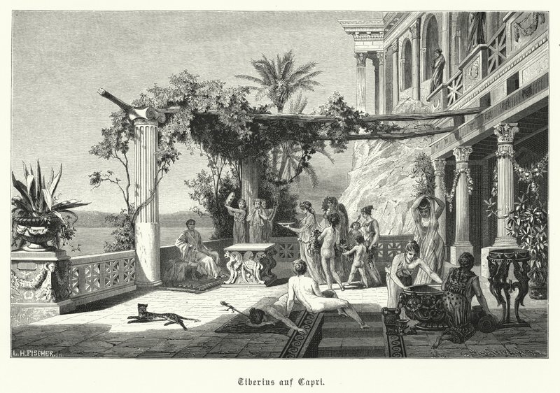 Romerske kejser Tiberius på øen Capri (gravering) af German School