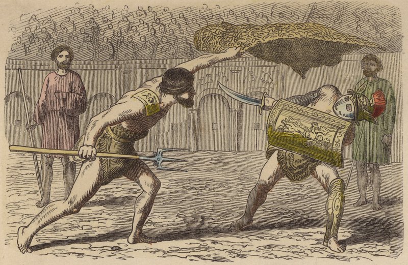 Romerske gladiatorer: en retiarius, der kæmper mod en samnit (farvet indgravering) af German School