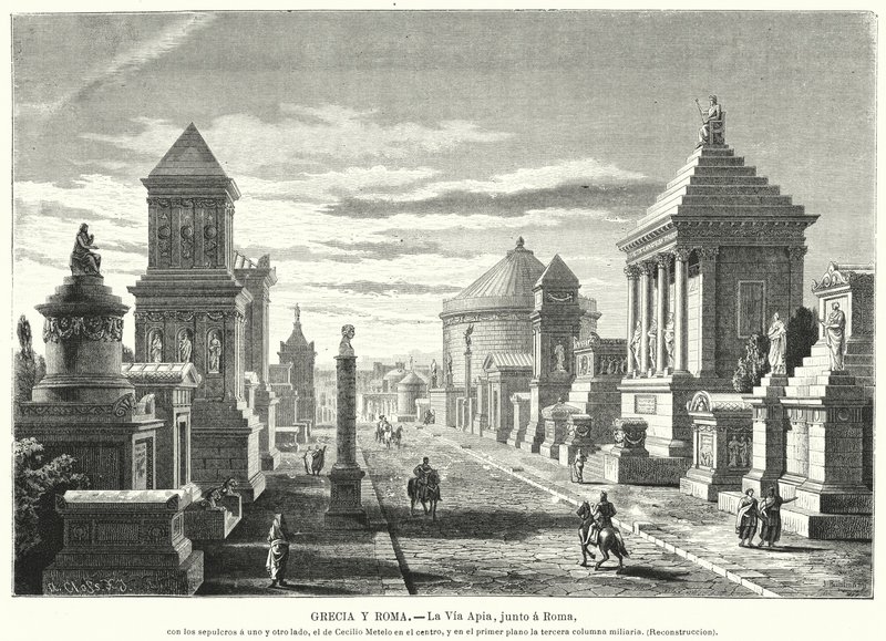 Romerske grave langs Appian Way ved tremile-markeringen (litho) af German School