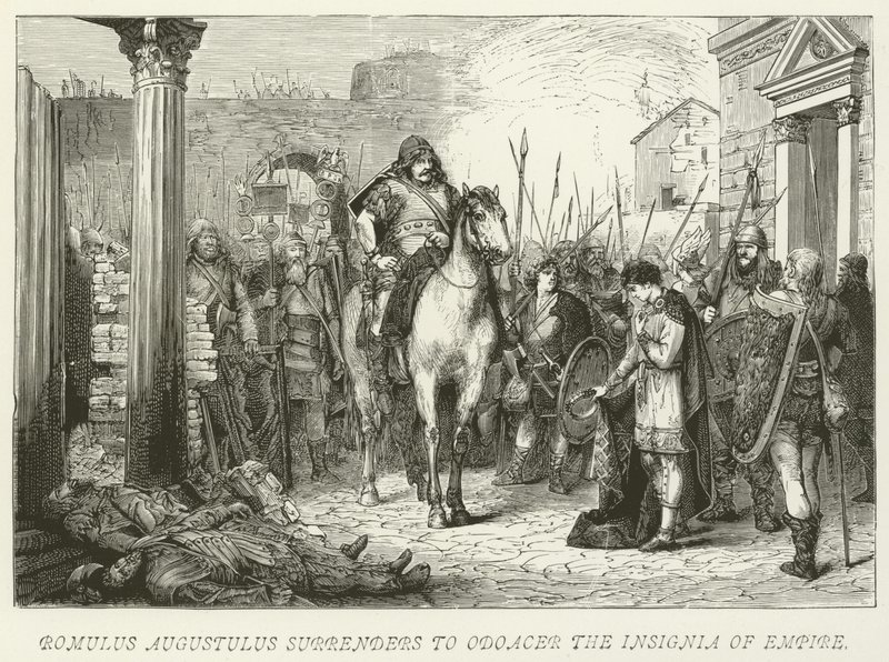 Romulus Augustulus overgiver sig til Odoacer Imperiets Insignia af German School
